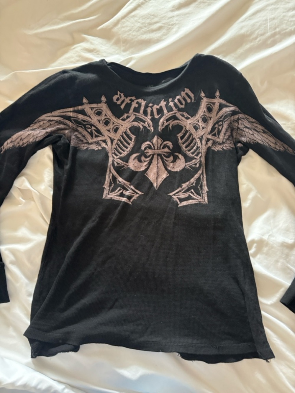 Affliction Black Waffle Knit Long Sleeve with Silver Graphic